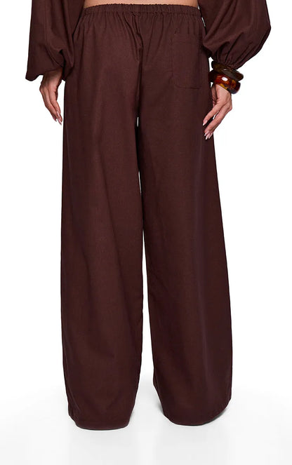 Brown Linen Blend Wide Trouser
