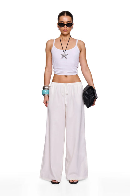 White Linen Blend Wide Trouser