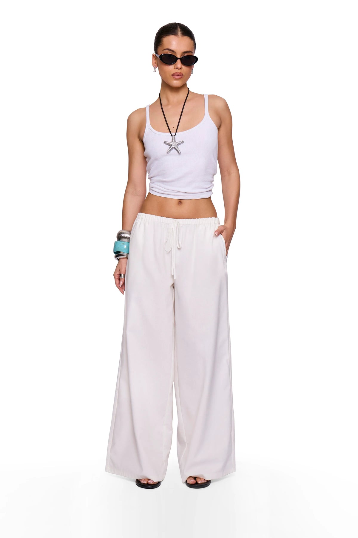 White Linen Blend Wide Trouser