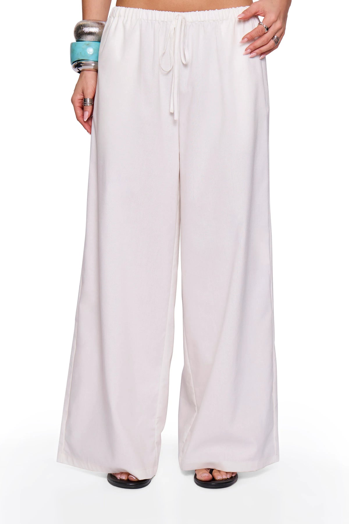 White Linen Blend Wide Trouser