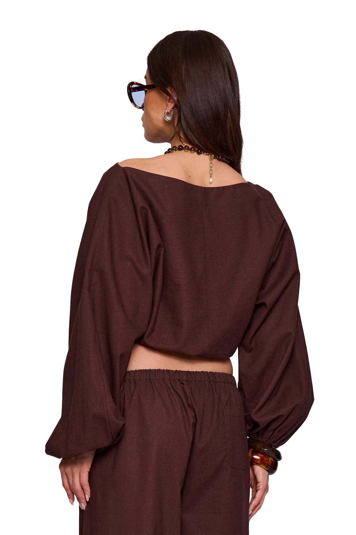 Brown Linen Blend Off Shoulder Top