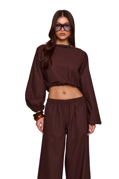 Brown Linen Blend Off Shoulder Top