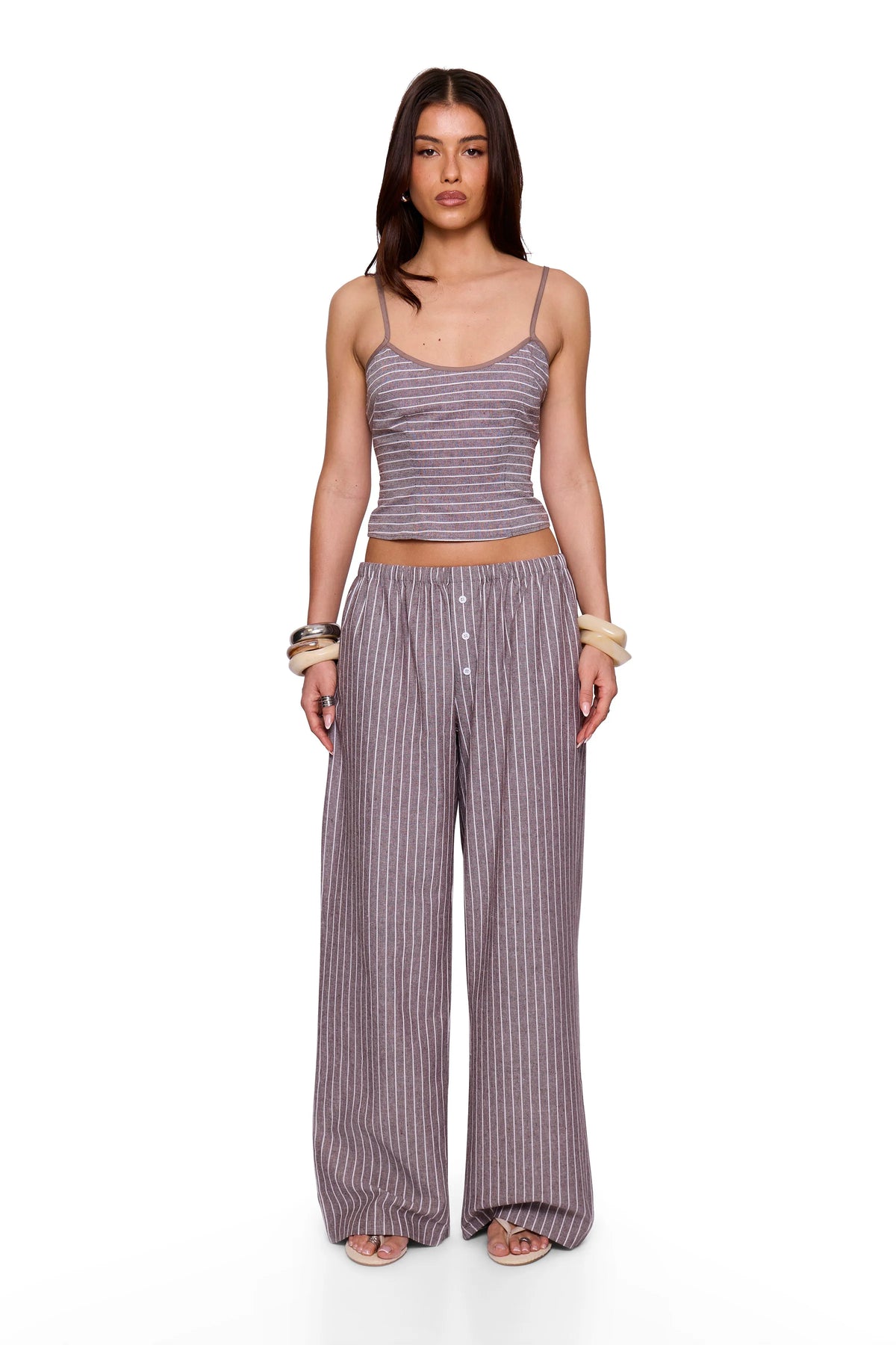 Brown Pinstripe Button Wide Trouser