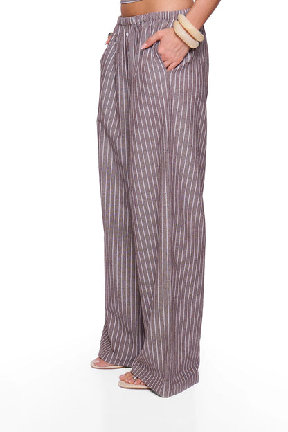 Brown Pinstripe Button Wide Trouser