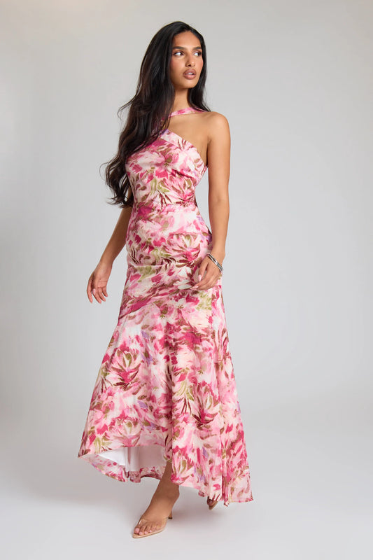 Pink Textured Floral Floaty Midi Dress