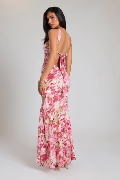 Pink Textured Floral Floaty Midi Dress