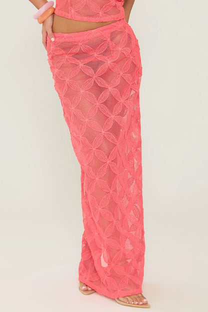 Coral Textured Floral Maxi Skirt