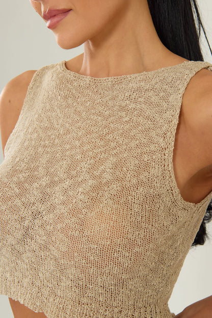 Sheer Knit Boat Neck Sleevless Crop Top