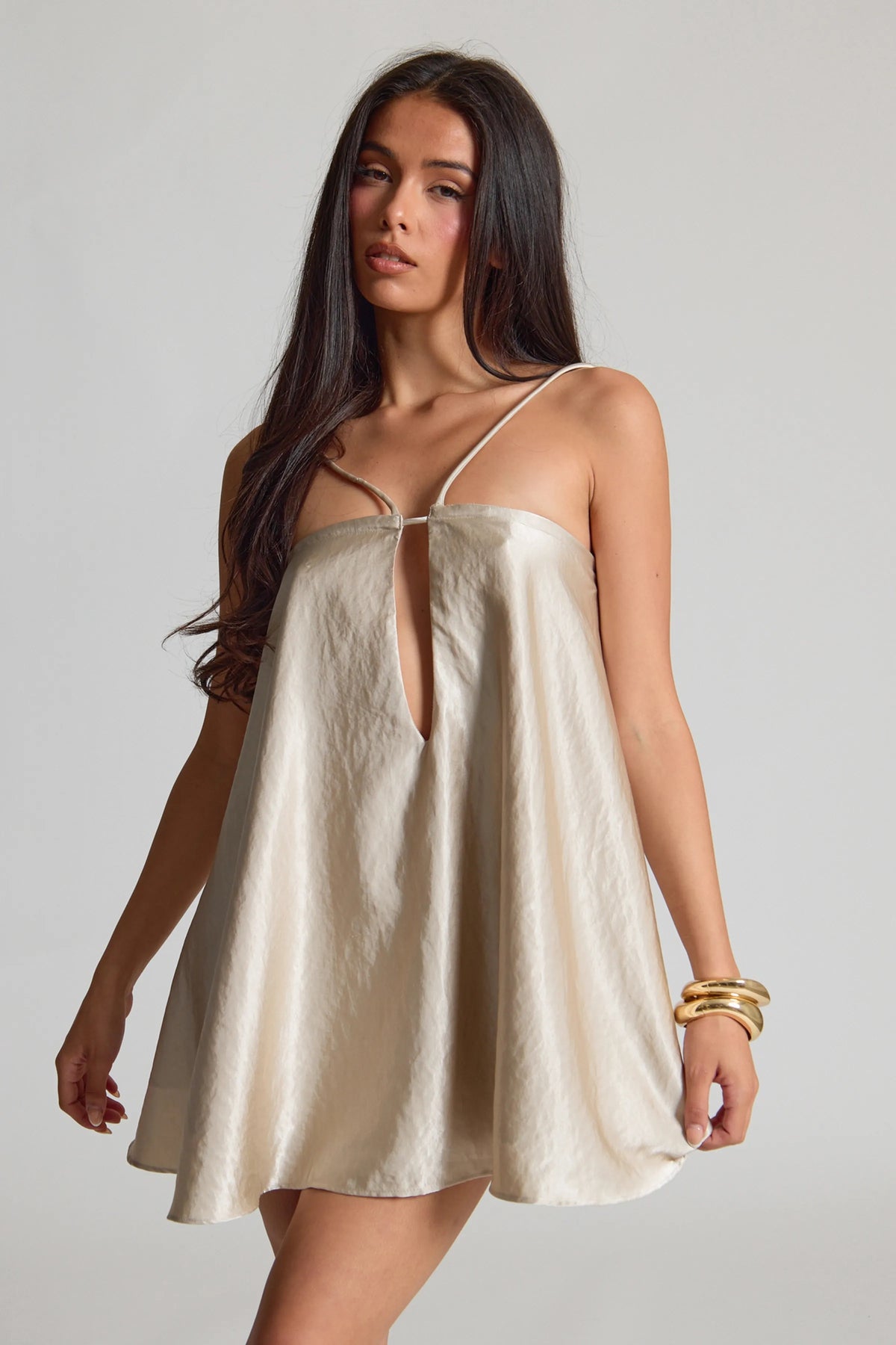 Oyster Satin Strappy Floaty Mini Dress