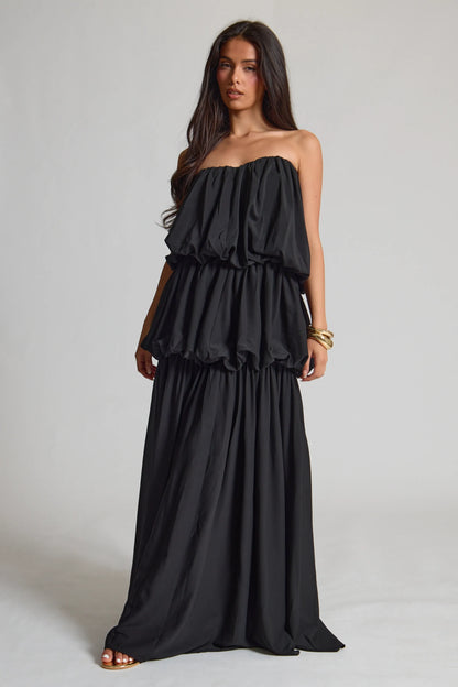 Black Chiffon Ruched Maxi Dress